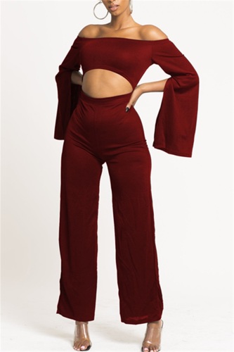 JujubeRed Fashion Solid Color Long Sleeve Umbilical One-Shoulder Jumpsuit