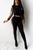 Black knit Sexy Patchwork Two Piece Suits Solid Straight Long Sleeve 