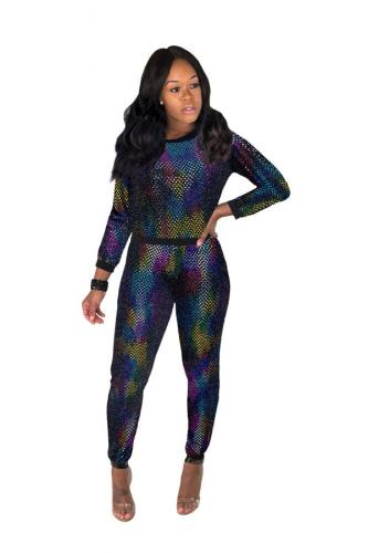 Multi-color adult Sexy Fashion Sequin Two Piece Suits Geometric pencil Long Sleeve Two-piece Pants Se