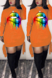 Orange Casual Digital Print Lips Long Sleeve Dress