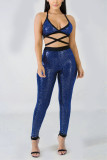 Blue Fashion Sexy Hanging Neck Wrapped Chest Suit