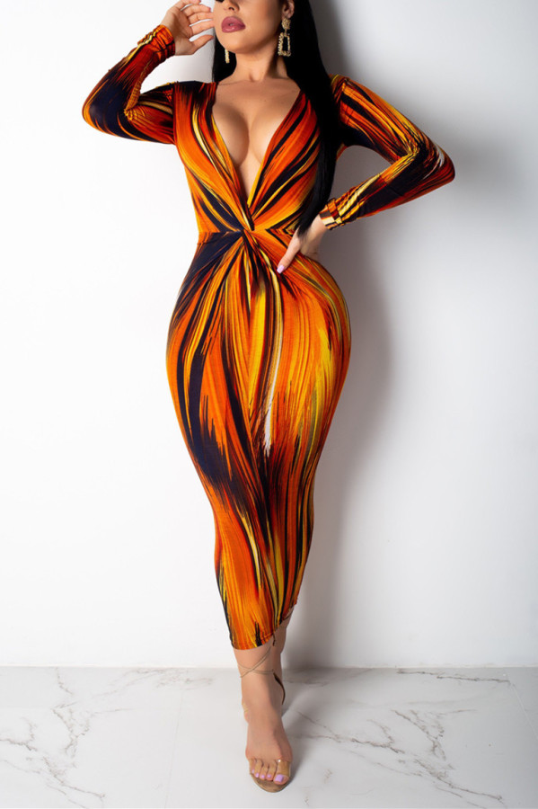 Orange Dazzling Print V-neck Bodycon Dress