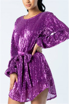 purple Acetyl fiber Casual Cap Sleeve Long Sleeves O neck Step Skirt Knee-Length bandage Sequin Solid Patch