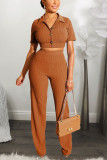Brown Casual Solid Straight Short Sleeve Two-piece Pants Set