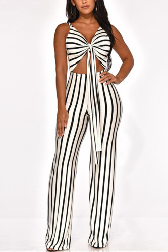 Black Fashion Sexy bandage Asymmetrical Hollow Striped Sleeveless Slip Jumpsuits