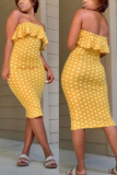 Yellow adult Sexy Fashion Off The Shoulder Sleeveless Wrapped chest Step Skirt Polka Dot stringy selvedge P