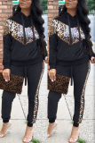 Black adult Casual Fashion Two Piece Suits Patchwork Leopard Print pencil Long Sleeve Two-piece