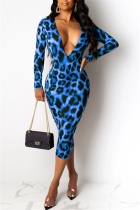 Light Blue Leopard Deep V Long Sleeve Dress