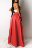 Red Zipper Fly Mid Asymmetrical Patchwork Solid Loose Skirts