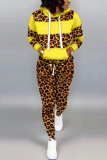Yellow Casual Fashion adult Patchwork Leopard Print Two Piece Suits pencil Long Sleeve 