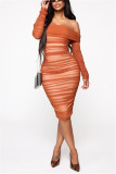 Caramel Fashion Sexy Solid Color Off Shoulder Long Sleeve Dress