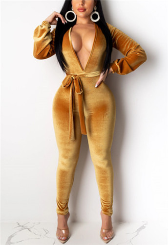 Yellow Sexy Fashion Solid Backless bandage Hollow Long Sleeve V Neck Jumpsuits