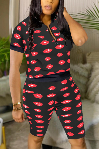Black Fashion Casual Printed Short Sleeve Shorts Set