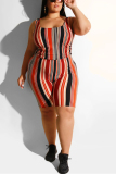 Red Sexy Slip Two Piece Suits Striped Print Stripe