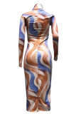 Multi-color Casual Mandarin Collar Mixed Printed Slim Mid Calf Dress