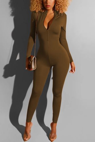 Brown Fashion Reversible Zipper Solid Jumpsuits