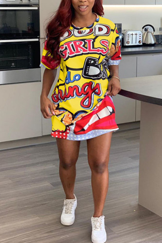 Yellow Fashion Casual Printing Short Sleeve Dress