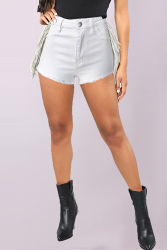 White Fashion Tassel Stitching High Waist Denim Shorts