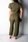 Army Green Fashion Sexy Solid bandage Patchwork Short Sleeve V Neck Jumpsuits