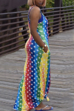 Multicolor Fashion Rainbow Stripe Print Sling Loose Dress