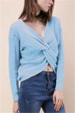 Blue Fashion Halter V-Neck Knotted Sweater