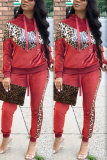 Red adult Casual Fashion Two Piece Suits Patchwork Leopard Print pencil Long Sleeve Two-piece