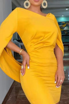 Yellow Elegant Solid Patchwork Asymmetrical V Neck One Step Skirt Dresses