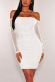White Fashion Celebrities Sexy Off The Shoulder Long Sleeves One word collar Step Skirt Mini Mes