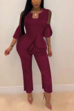 Wine Red Fashion V Neck Ruffled Lace Sleeves With Irregular Jumpsuit