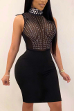 Black Sexy Tank Sleeveless Turtleneck Hip skirt Knee-Length diamonds Patchwork Solid Print Club Dr