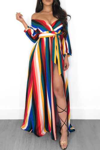 Multicolor Stripe Euramerican Side Slit Striped Floor Length Dress