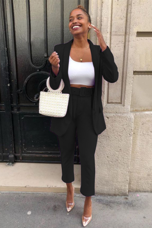Black Fashion Celebrities adult Two Piece Suits Solid Straight Long Sleeve
