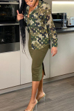 Army Green Fashion Chiffon Long Sleeve Camouflage Shirt(Only Top)