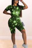 Green Casual Print Straight Short Sleeve Two-Piece Short Set