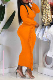 Tangerine Sexy Print Tassel Patchwork V Neck Plus Size Dresses