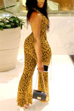 Green Fashion Sexy Print Mesh Backless Perspective Jumpsuit