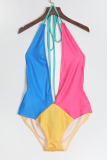 Multi-color Casual Patchwork Skinny One-piece Swimwear(Include Coat and Belt ，Without Bag