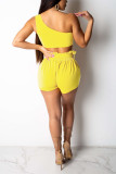 Yellow Sexy Fashion HOLLOWED OUT Print asymmetrical Patchwork Straight Two-Piece Short Set