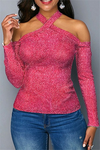 Pink Fashion Cross Back Backless Long Sleeve Tops