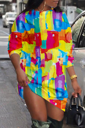 Multicolor Casual Daily Print Patchwork O Neck Long Sleeve Dresses