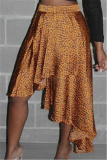 Gold Elastic Fly Mid Asymmetrical Print Leopard A-line skirt Skirts