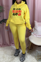 Yellow Casual Print Draw String Letter Hooded Collar Long Sleeve Two Pieces