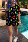 Multi-color Cute Fashion Casual Print Two Piece Suits Geometric Patchwork Gradient Striped Loose Short