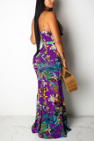 Purple Sexy Fashion Printing Sling V-neck Dress