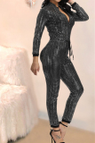 Black Sexy Fashion zipper Sequin Chlorine Long Sleeve O Neck Jumpsuits