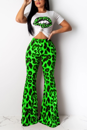 Green Fashion Sexy Leopard Print Lip Two-Piece Suit