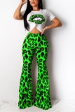 Green Fashion Sexy Leopard Print Lip Two-Piece Suit