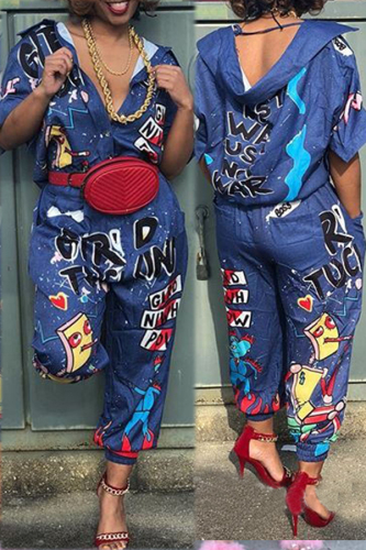 Blue Euramerican Cartoon Printing One-piece Jumpsuits