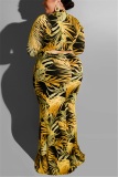 Yellow Large Size Tight Sexy Leaf Print Dress