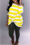 Yellow pastoral One Shoulder Long Sleeves one shoulder collar Step Skirt Knee-Length Print Stripe